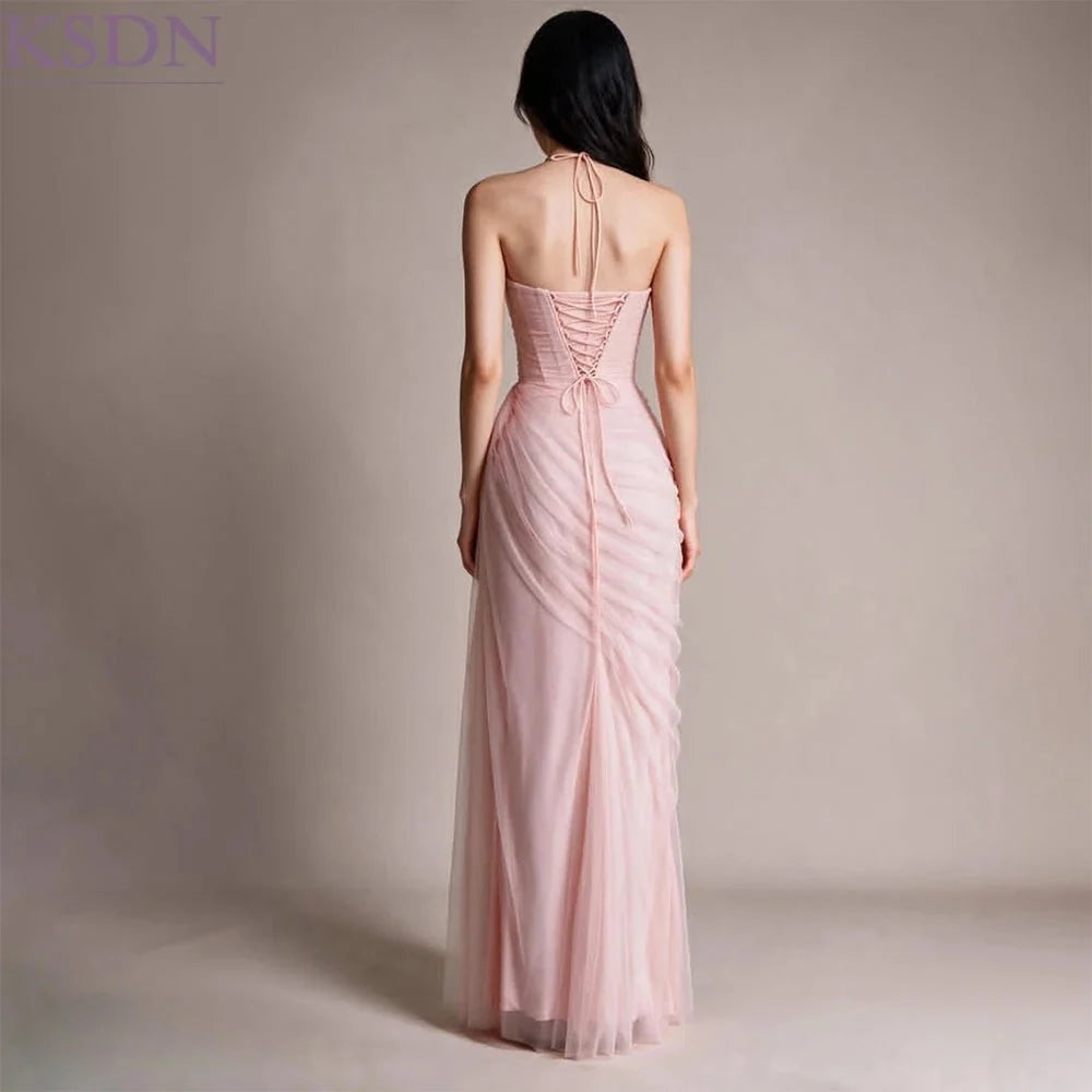 Fairy Pink Mermaid Evening Gown | Halter Lace Appliqué Formal Dress - TrendLux Wear