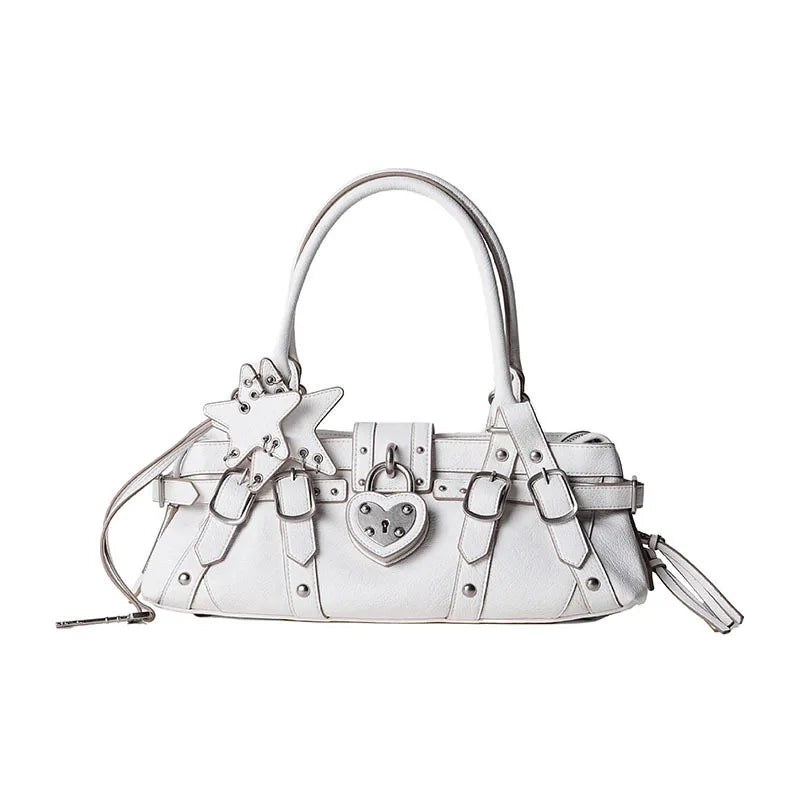 White handbag featuring a star and heart charm, with silver accents and a casual tote shape, designed for versatile use.