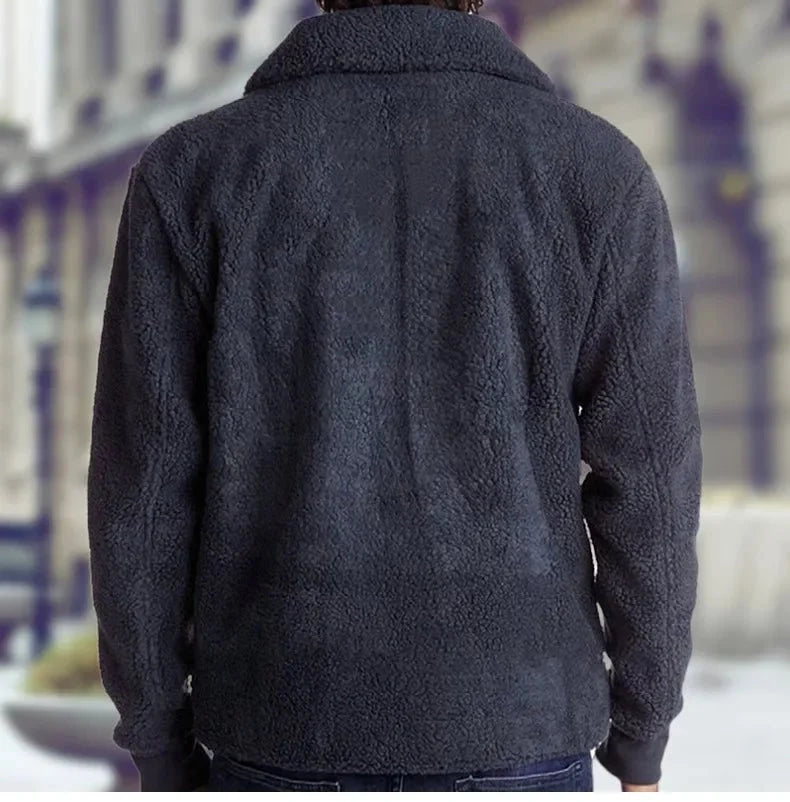 Men's double pocket Sherpa zip-up jacket by TrendLux Wear, featuring a cozy outdoor streetwear coat with front pockets and a warm fleece interior.