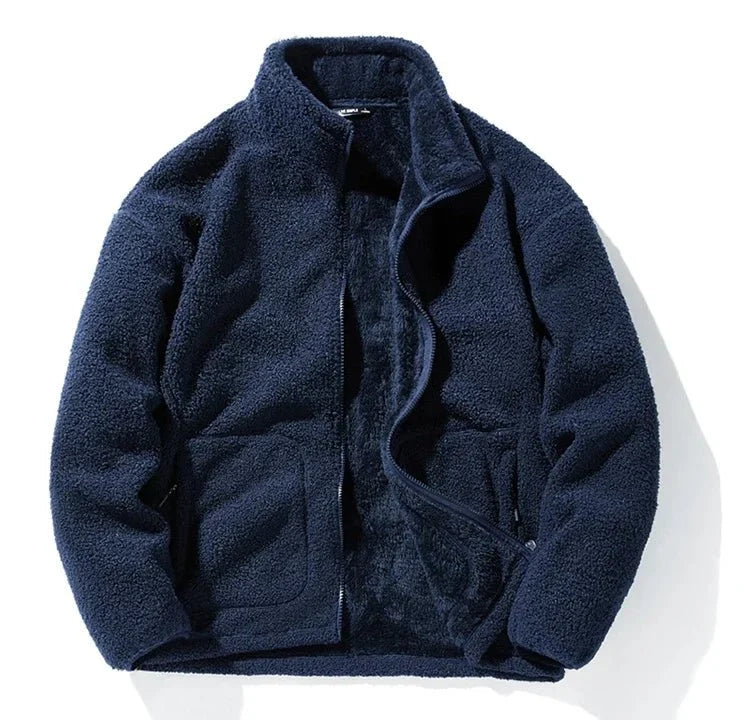 Men's loose fleece streetwear jacket with stand collar in plus sizes, by TrendLux Wear, shown in black fabric.