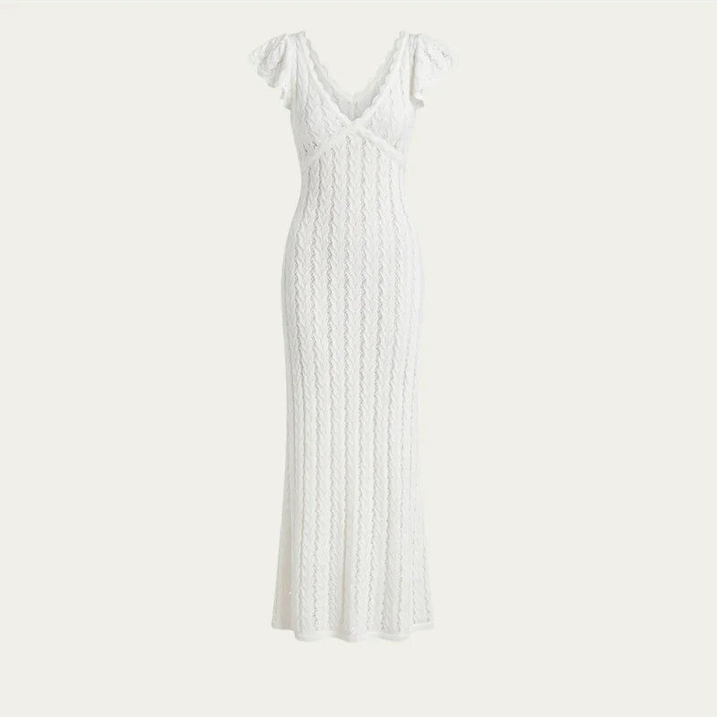 Ruffled V-Neck Hollow-Out Knit Maxi Dress