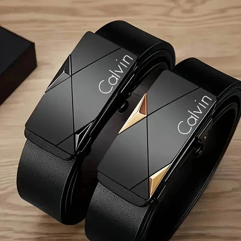 Men's PU leather belt with automatic buckle in gold, silver, and gunmetal finishes, suitable for dress and casual wear by TrendLux Wear.