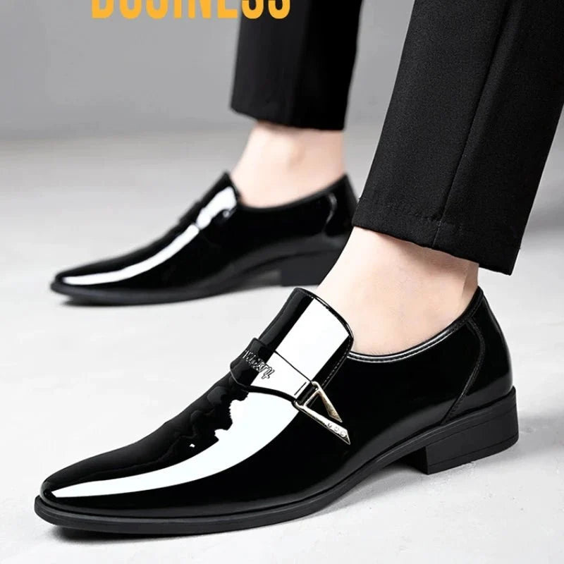 Men's black patent leather pointed toe loafers by TrendLux Wear, slip-on business casual oxford dress shoes for men.
