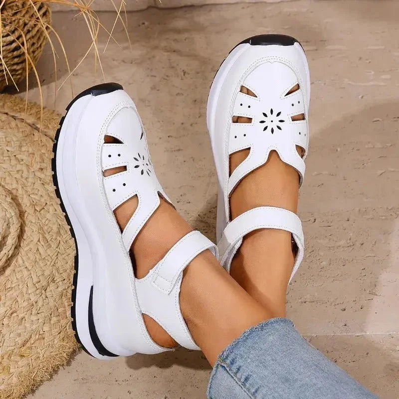 Women's PU wedge sandals with buckle strap and closed toe, TrendLux Wear office career footwear for professional style.