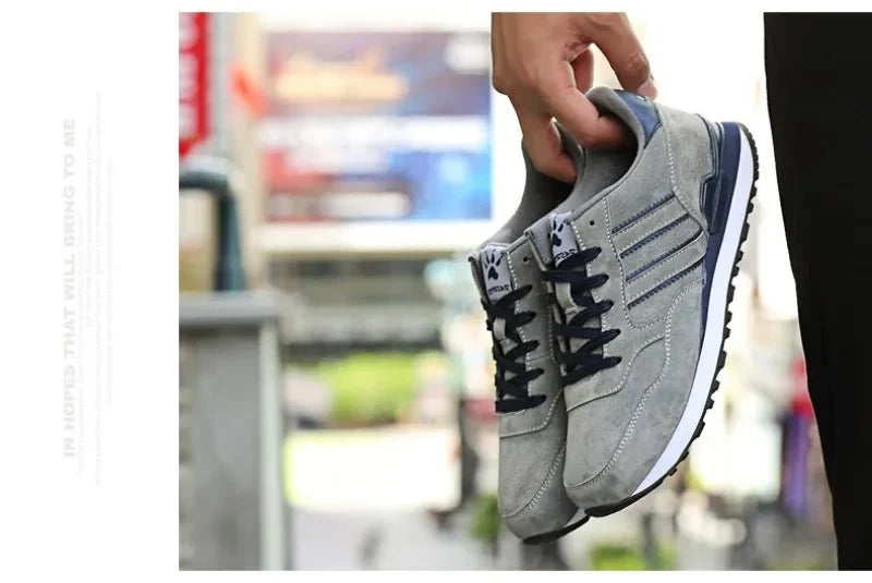 Men's luxury suede running sneakers by TrendLux Wear, breathable and anti-odor sport shoes with stylish design.