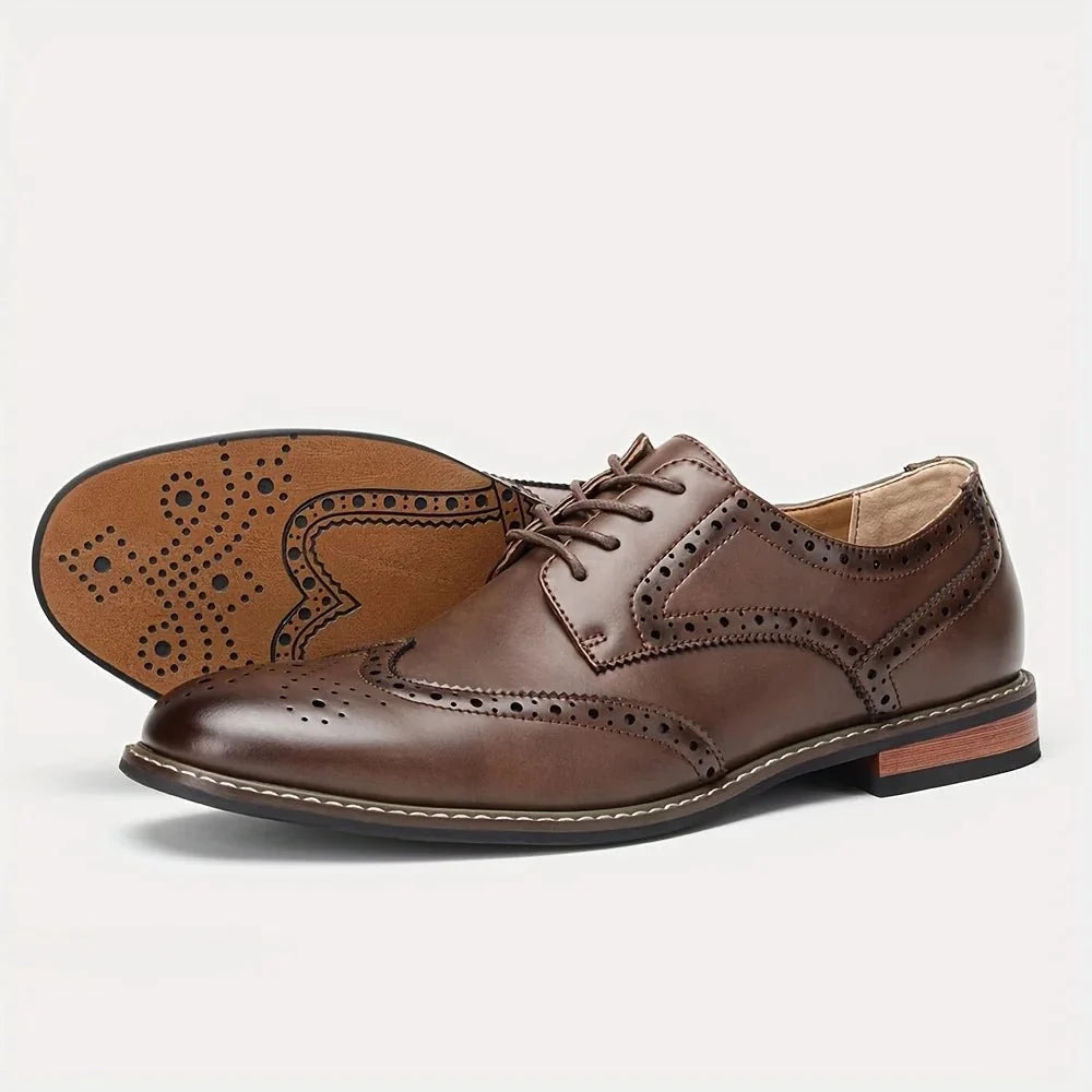 Men's black and brown leather lace-up brogue dress shoes by TrendLux Wear, formal business oxford style, detailed stitching.
