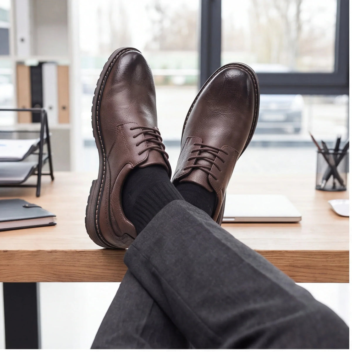 Brown lace-up derby shoes with a round toe, worn with black socks and gray pants, relaxed on a desk.