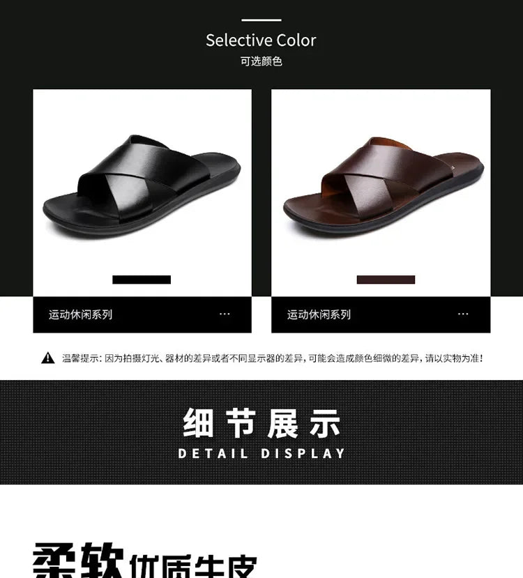 Men's genuine leather beach sandals by TrendLux Wear, non-slip casual flats in EU sizes 38-50, featuring comfortable slip-on design.