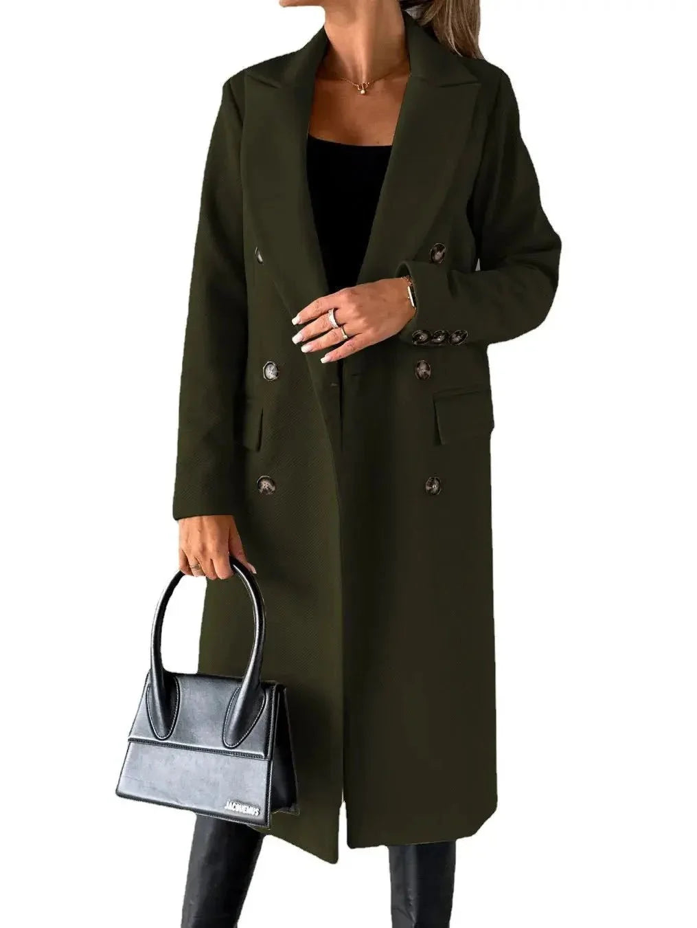 Women's retro double-breasted woollen coat by TrendLux Wear, featuring classic design and warm tailored outerwear style.