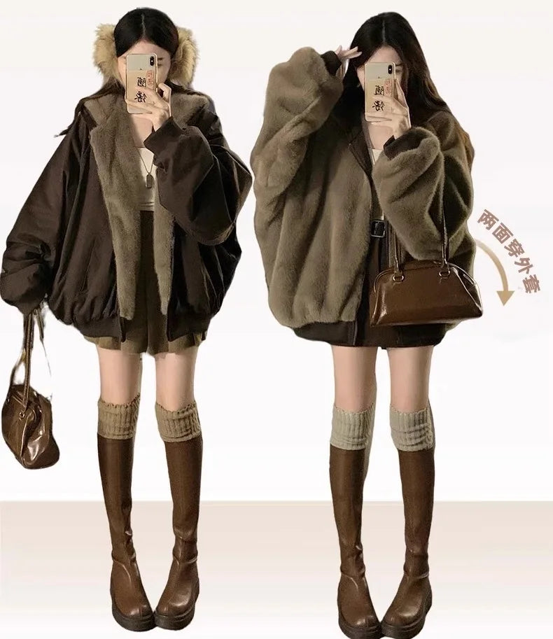 Winter Women Jacket Coats Parkas Female Double-sided Cotton Hooded Overcoat Thick Warm Jackets Windproof Casual Snow Outerwear