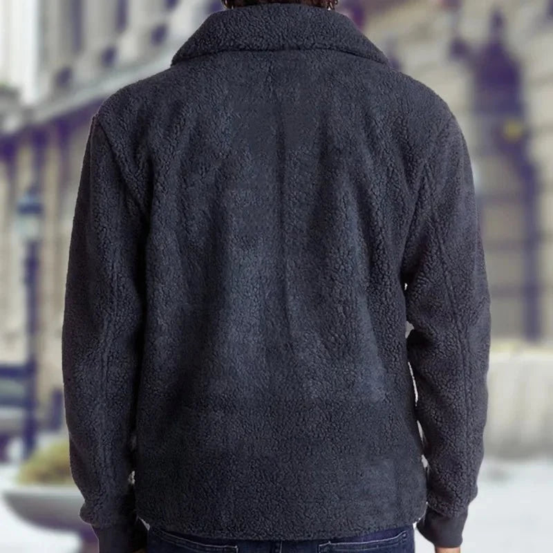 Men's double pocket Sherpa zip-up jacket by TrendLux Wear, featuring a cozy outdoor coat with front pockets and warm fleece lining.