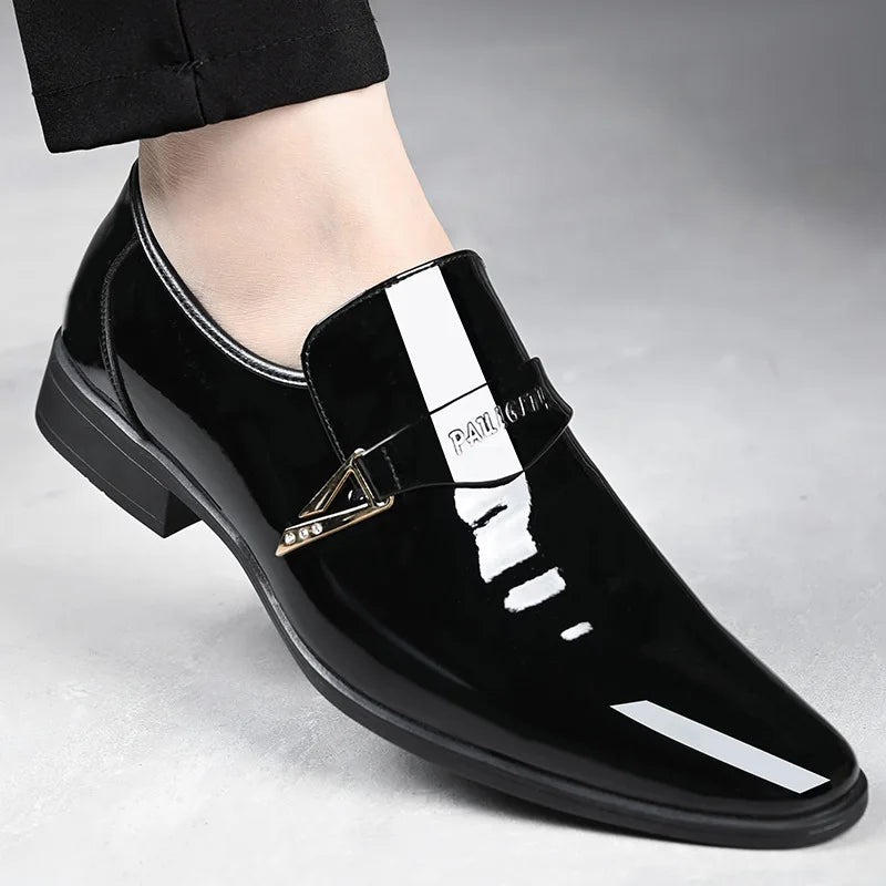 Men's black patent leather pointed toe loafers by TrendLux Wear, slip-on dress shoes for business casual and formal occasions.