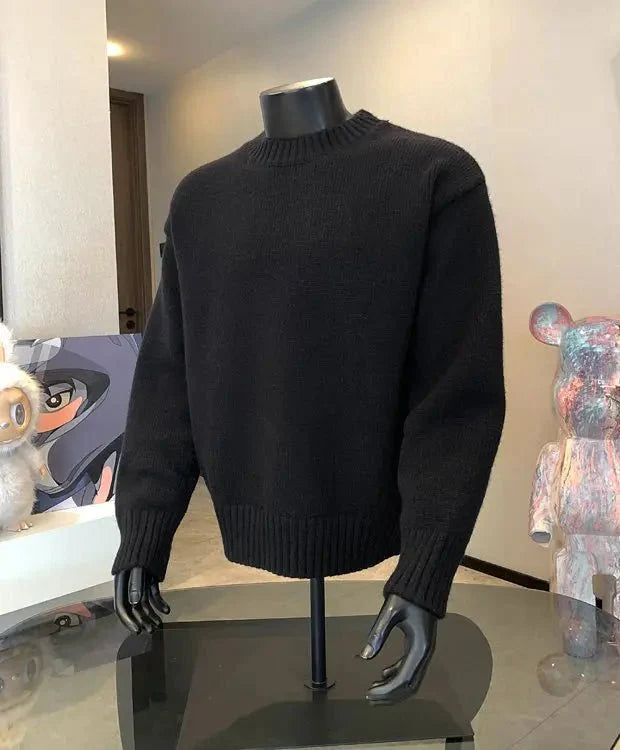 Men's cashmere-blend round neck pullover sweater by TrendLux Wear in five colors, displayed on a model.