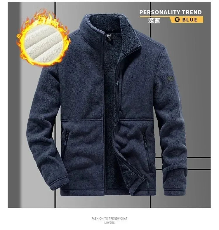 Men's fleece-lined winter jacket with hood by TrendLux Wear, zip-up casual coat in plus sizes S-6XL, shown in dark navy fabric.