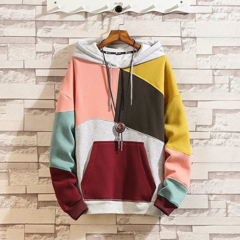 Men's patchwork velvet punk hip-hop hoodie by TrendLux Wear, loose fit streetwear with bold patchwork design, available in multiple sizes.