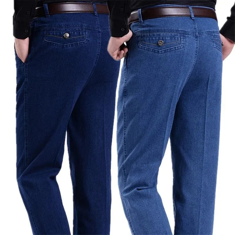 Men's high-waist straight leg cargo jeans by TrendLux Wear with elastic waistband, ideal for spring and summer wear.