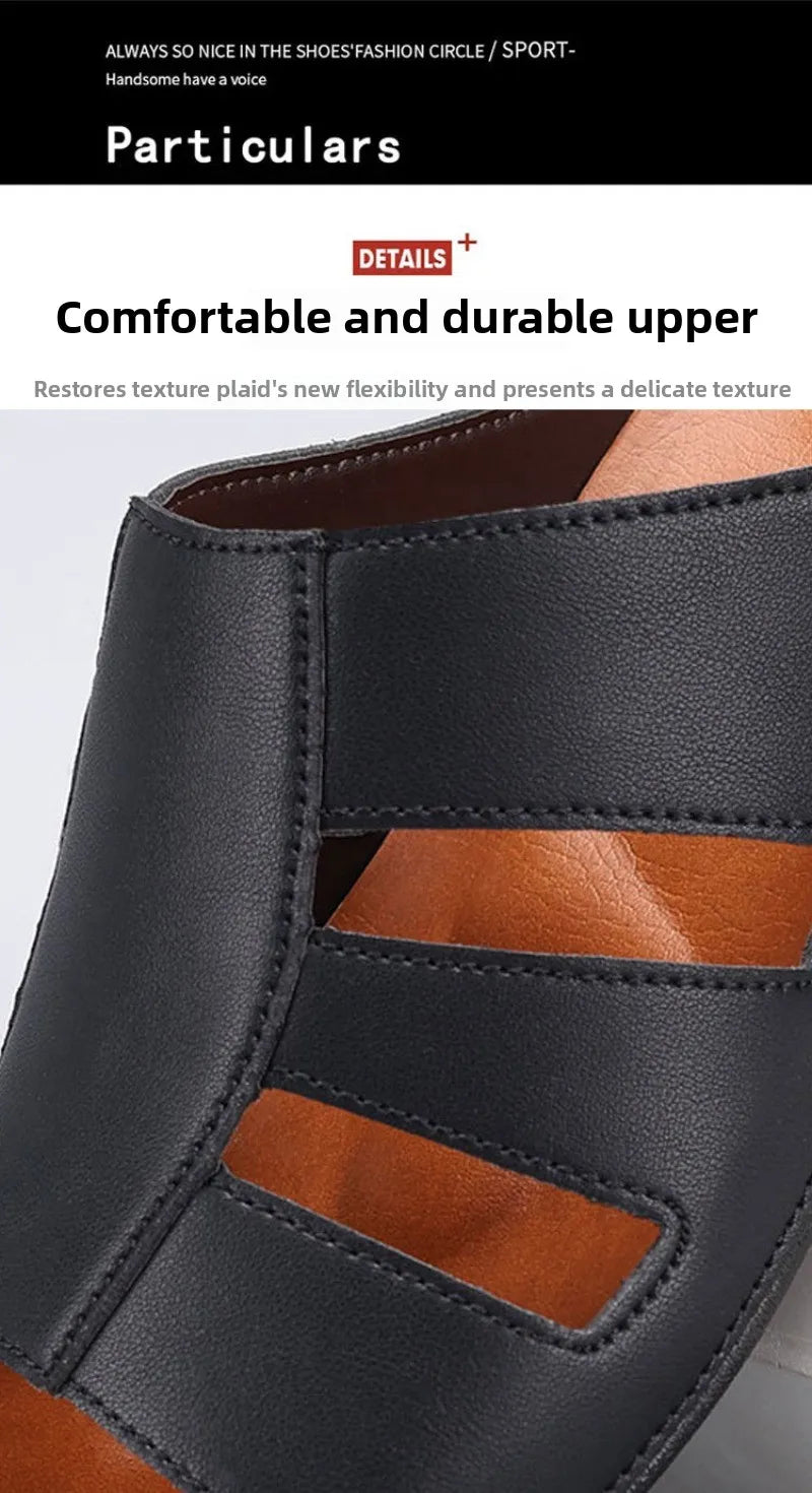 Men's luxury handmade leather peep-toe slippers by TrendLux Wear, casual beach slides in EU sizes 40 to 46, showing leather design