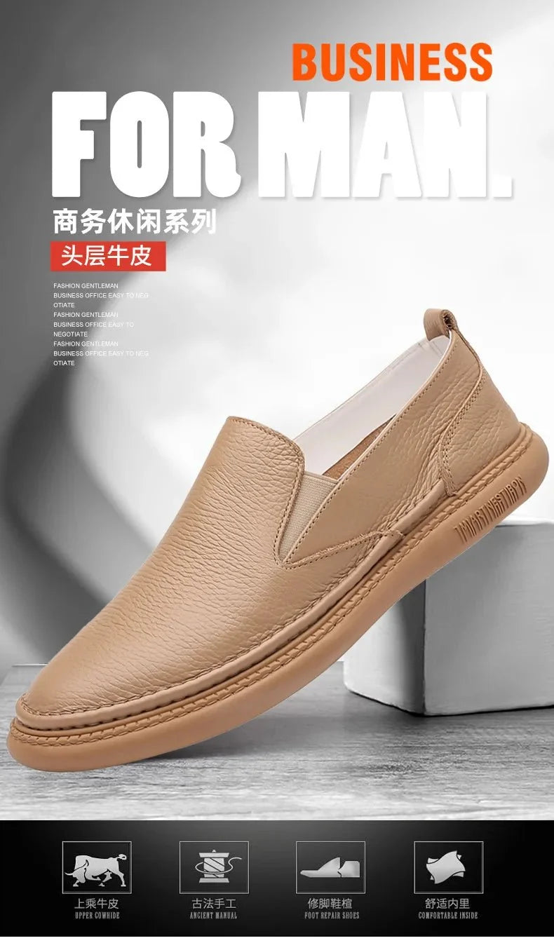 Men's genuine leather casual loafers by TrendLux Wear, breathable slip-on flat shoes in solid color, ideal for everyday wear.