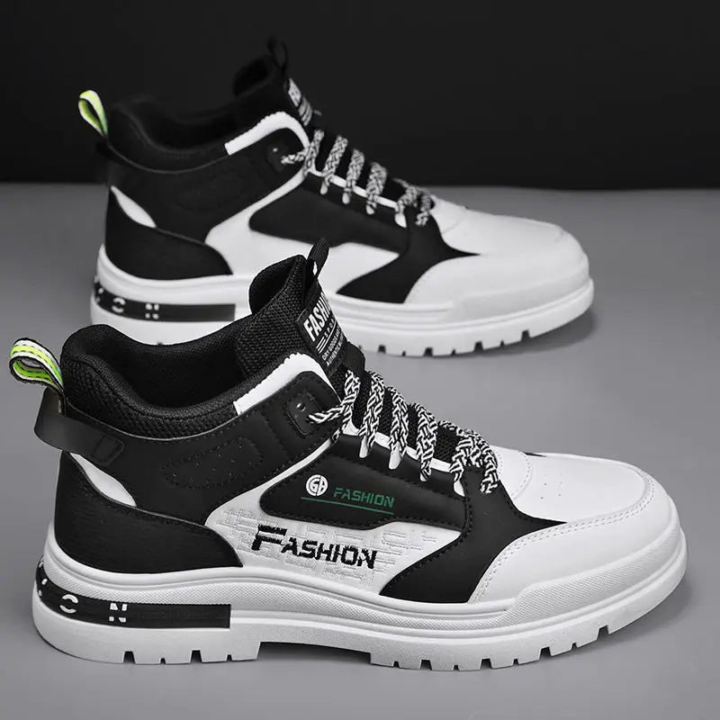 Men's high-top street sneakers by TrendLux Wear featuring non-slip soles and vulcanized ankle support, shown in black with white accents.