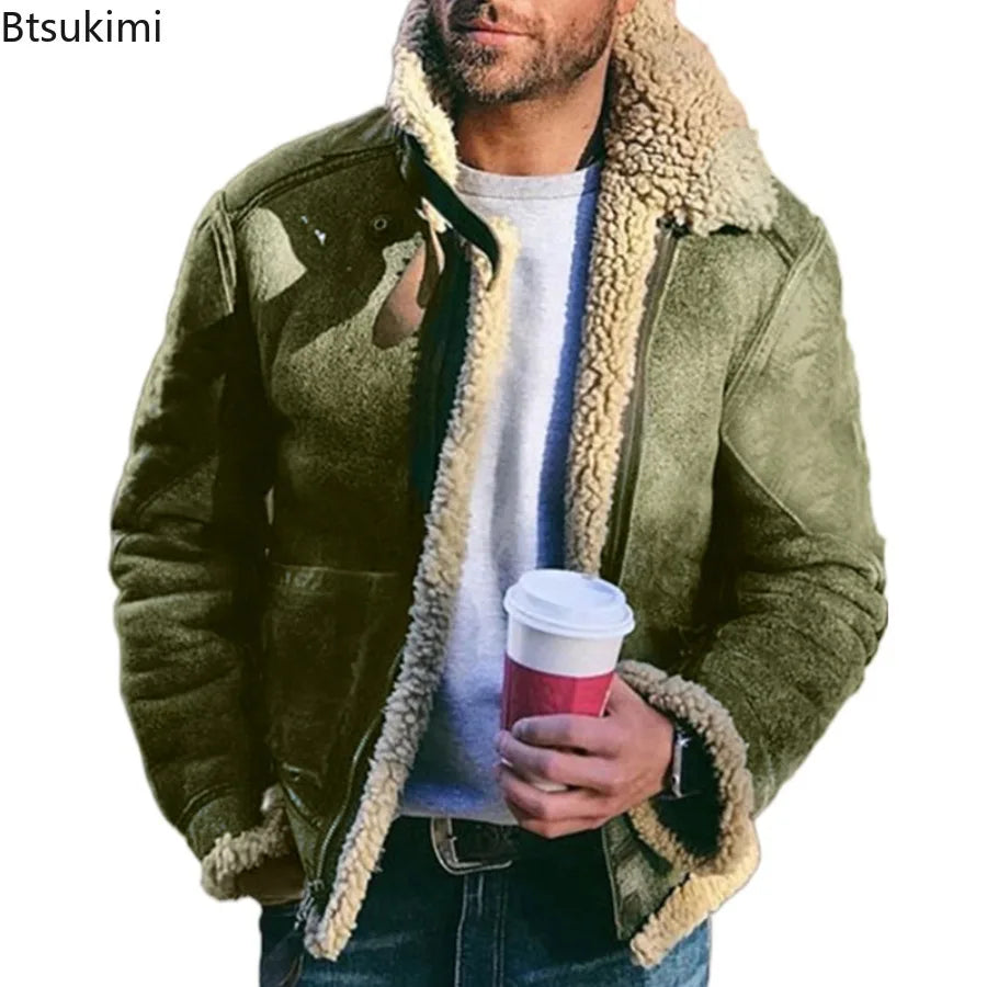 Men's Faux Leather Suede Fur-Lined Winter Jacket – Turn Down Collar Coat