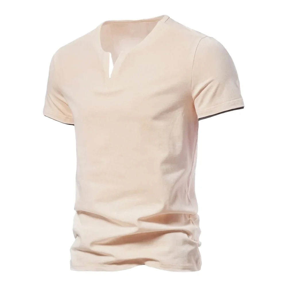 Men's slim fit Henley T-shirt by TrendLux Wear in black, white, or grey, moisture-wicking and breathable fabric, available in sizes S to 3XL.