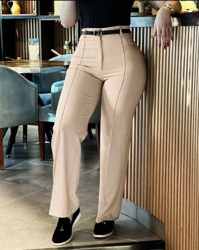 Women’s high waist straight leg work pants by TrendLux Wear, slim fit elegant trousers, shown in a professional setting.