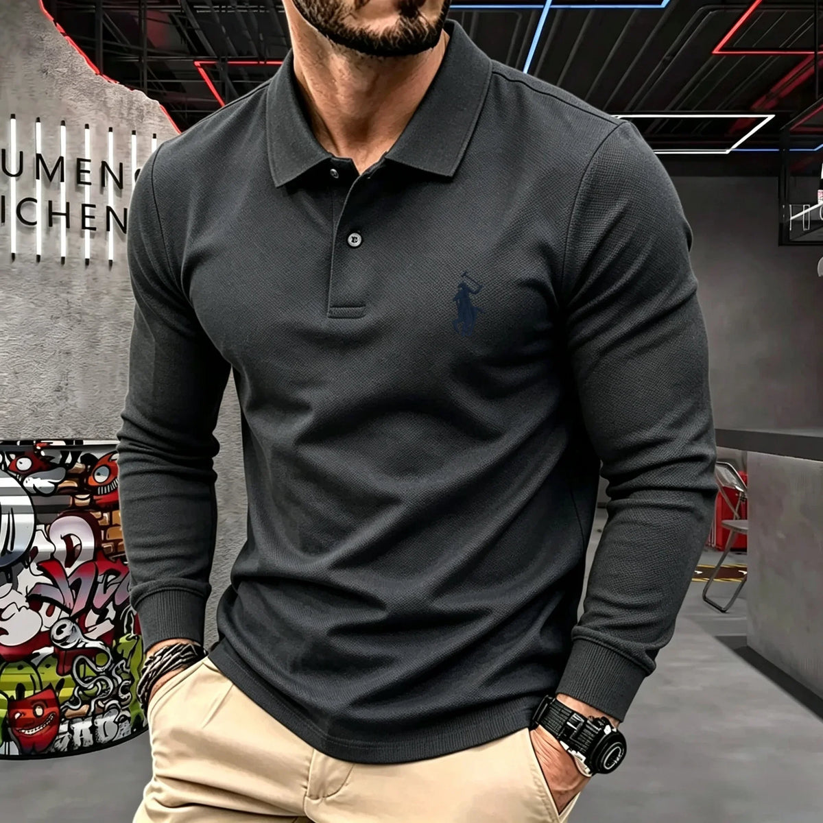 Men's Cotton Long-Sleeve Polo Shirt