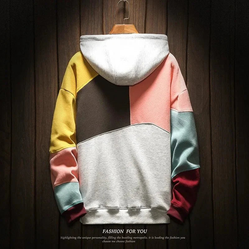 Men's patchwork velvet punk hip-hop hoodie by TrendLux Wear, loose fit streetwear with vibrant patchwork design.