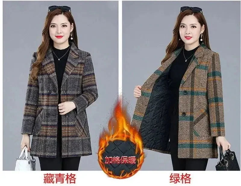Women's plaid woolen overcoat by TrendLux Wear, classic outerwear with a stylish plaid pattern and warm wool fabric.