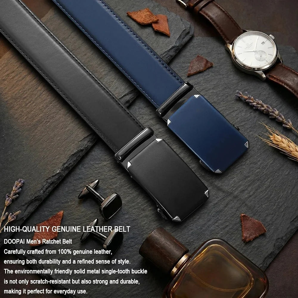 Men's leather belt with automatic ratchet buckle from TrendLux Wear, adjustable waistband, 105–135cm length, stylish and durable.