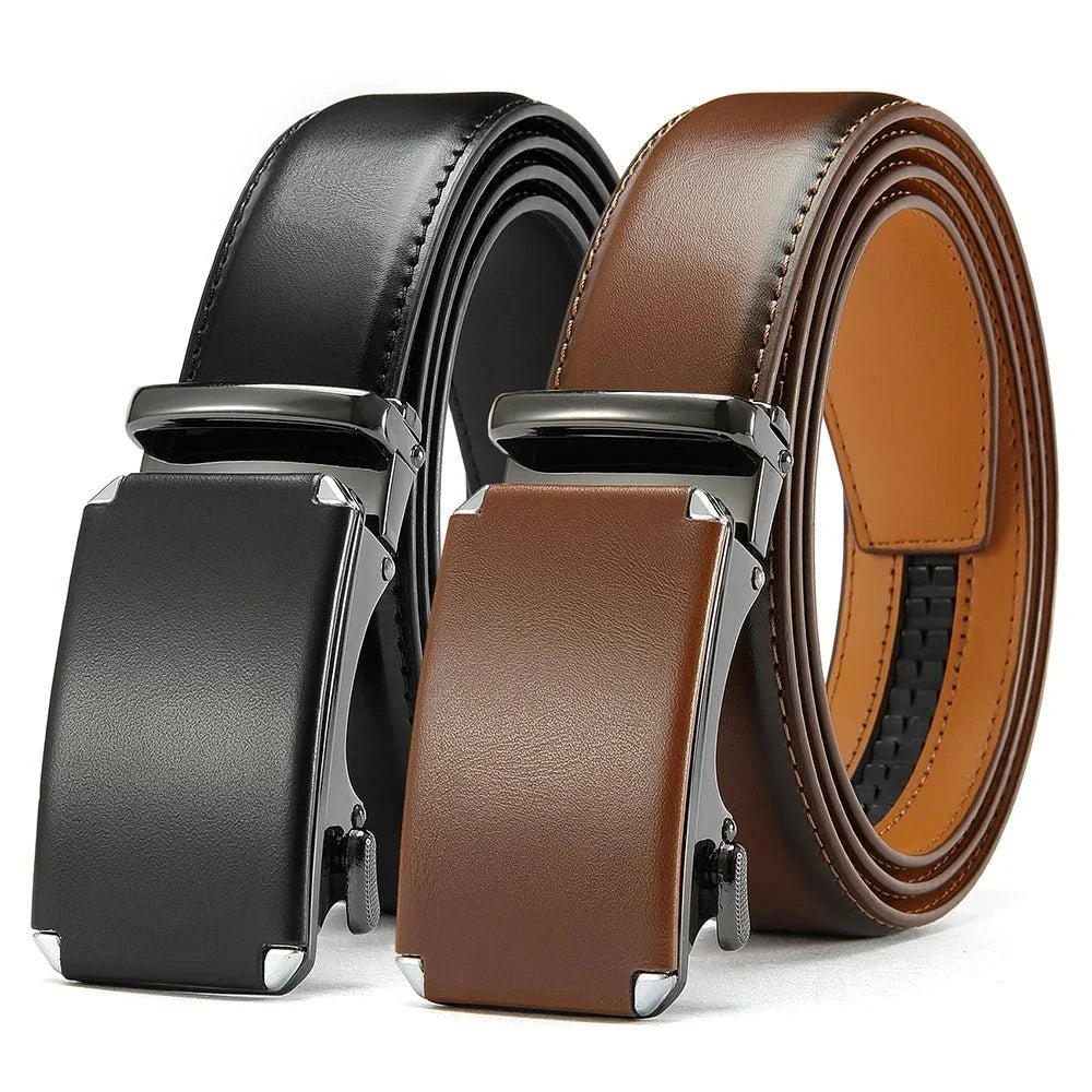 Men's ratchet leather belt with automatic buckle and adjustable waistband, TrendLux Wear, 105–135cm length, black leather strap.