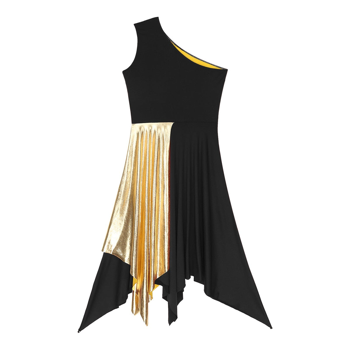 One-shoulder metallic performance dancewear dress by The Glow Sanctuary, featuring a shiny, fitted design for stage and worship performances.