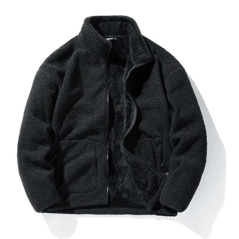 Men's loose fleece streetwear jacket with stand collar in plus sizes, stylish and comfortable TrendLux Wear outerwear.