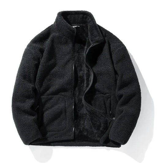 Men's loose fleece streetwear jacket with stand collar in plus sizes, stylish and comfortable TrendLux Wear outerwear.