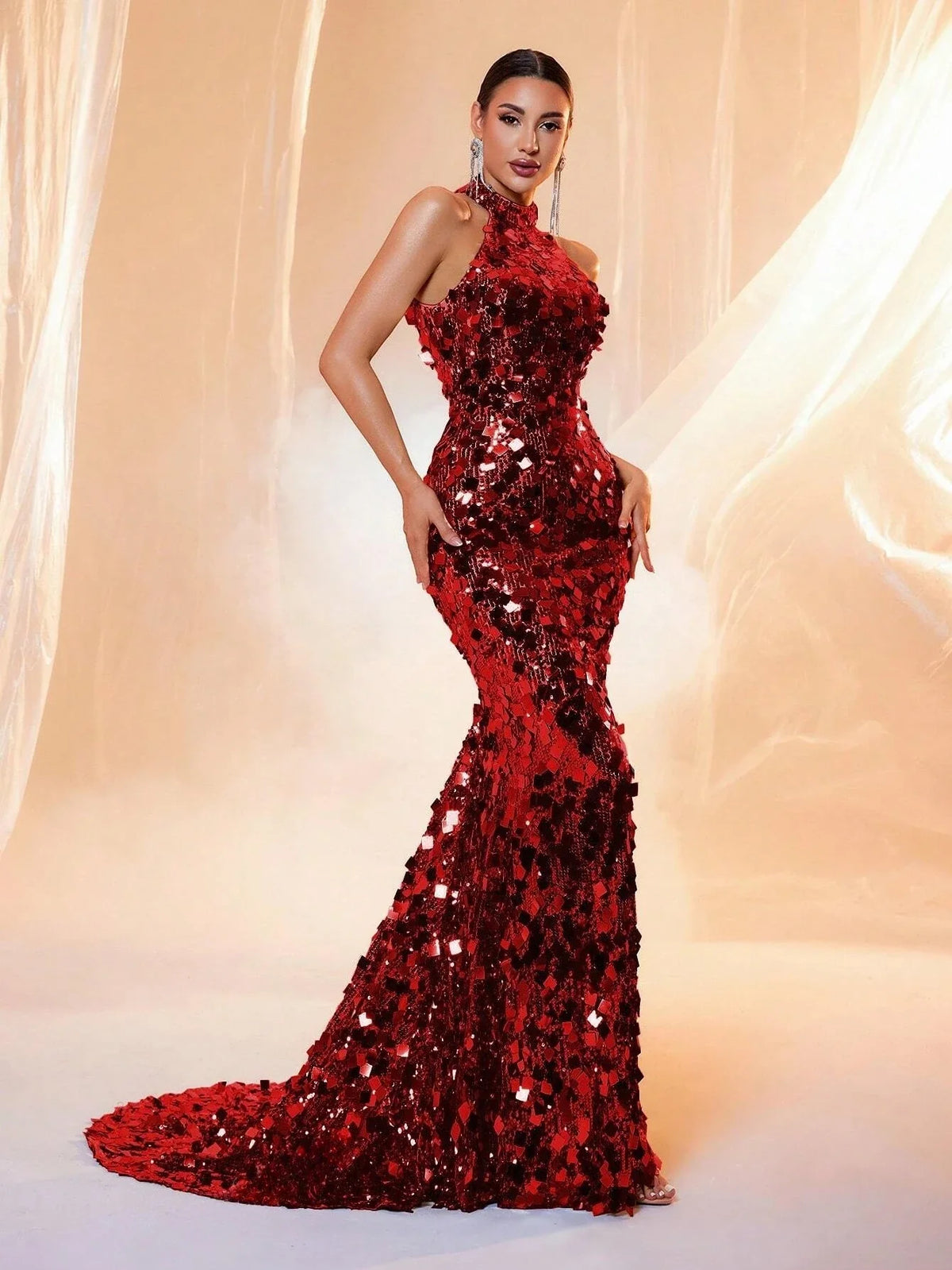 Brown Sequin Halter Backless Maxi Evening Dress - TrendLux Wear