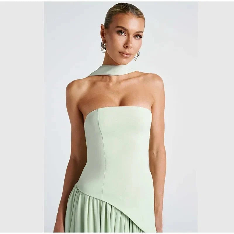 Women's Strapless Backless Maxi Dress with Ribbon Scarf - TrendLux Wear