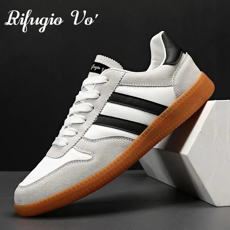 Men's thick-sole board sneakers by TrendLux Wear with striped casual design and stylish comfort.