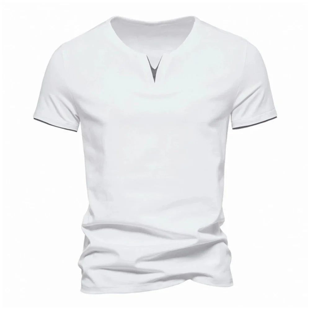 Men's slim fit Henley T-shirt by TrendLux Wear, moisture-wicking breathable tee in black, white, and grey, displayed flat.
