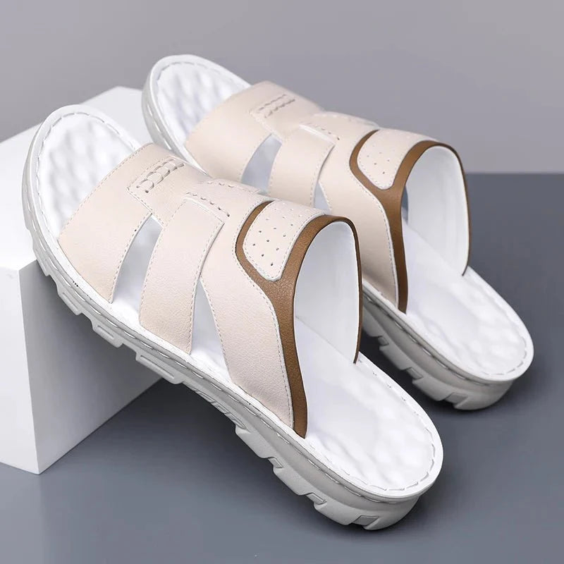 Men's handmade leather half-drag slippers by TrendLux Wear, lightweight outdoor slides in EU sizes 38-58, shown in dark brown.