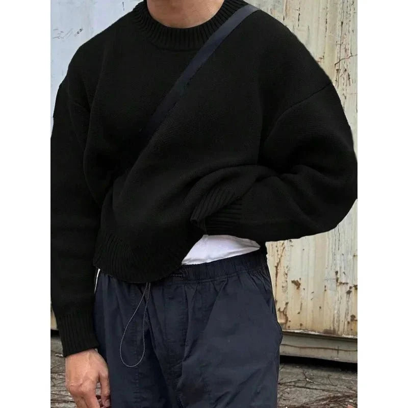 TrendLux Wear minimalist fleece-lined crew neck knit sweater in slim fit, available in four colors, shown in a close-up image.