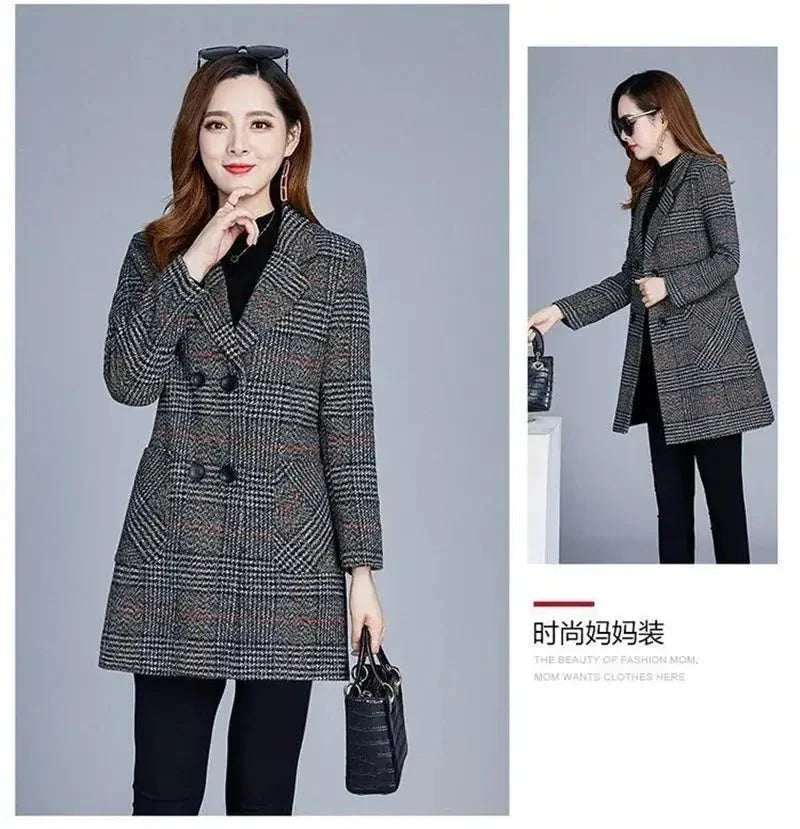 Women's plaid woolen overcoat by TrendLux Wear, classic outerwear with a stylish plaid pattern and cozy wool fabric.