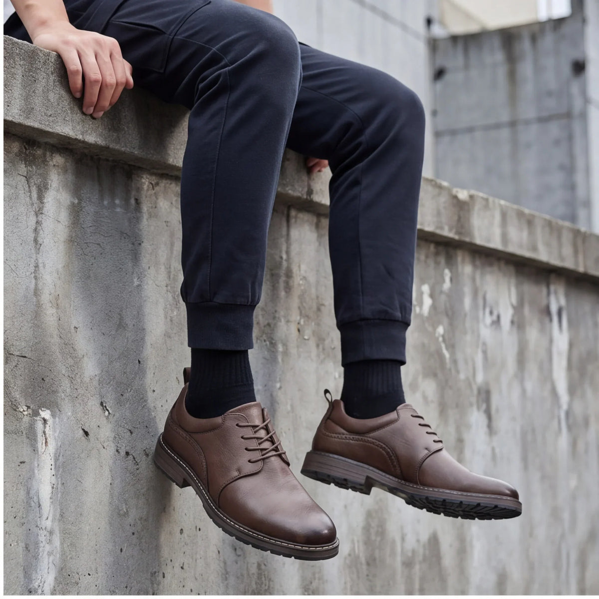 Brown lace-up Derby shoes with a round toe, worn with dark trousers and black socks, sitting on a concrete ledge.