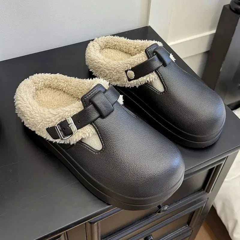 Women's waterproof furry mule slippers by TrendLux Wear, plush EVA indoor slides with metal buckle and non-slip sole.