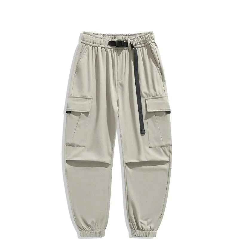Men's wide leg casual trousers by TrendLux Wear, in multi-pocket design and six color options, laid flat showing relaxed fit.