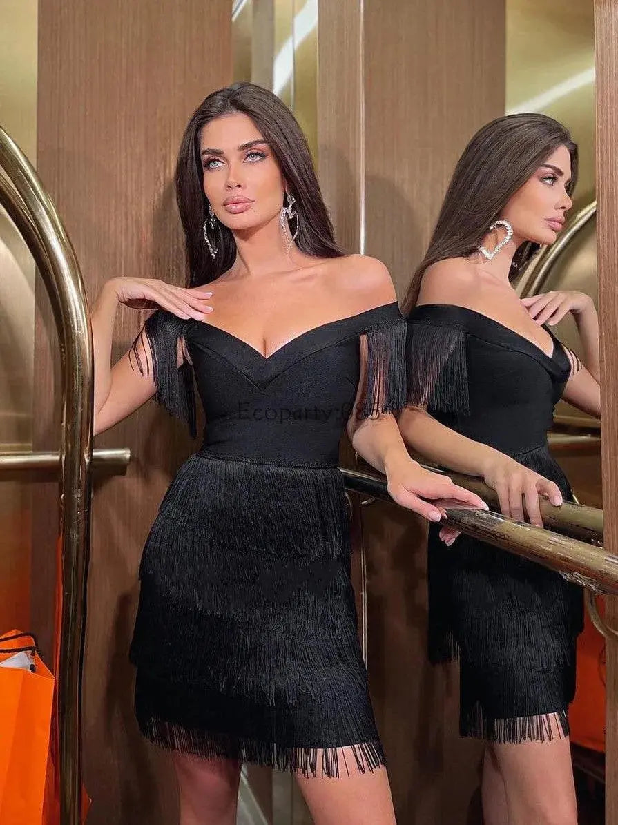 TrenLux Wear Women's Elastane One-Shoulder Fringed Slim-Fit Club Mini Dress The Glow Sanctuary
