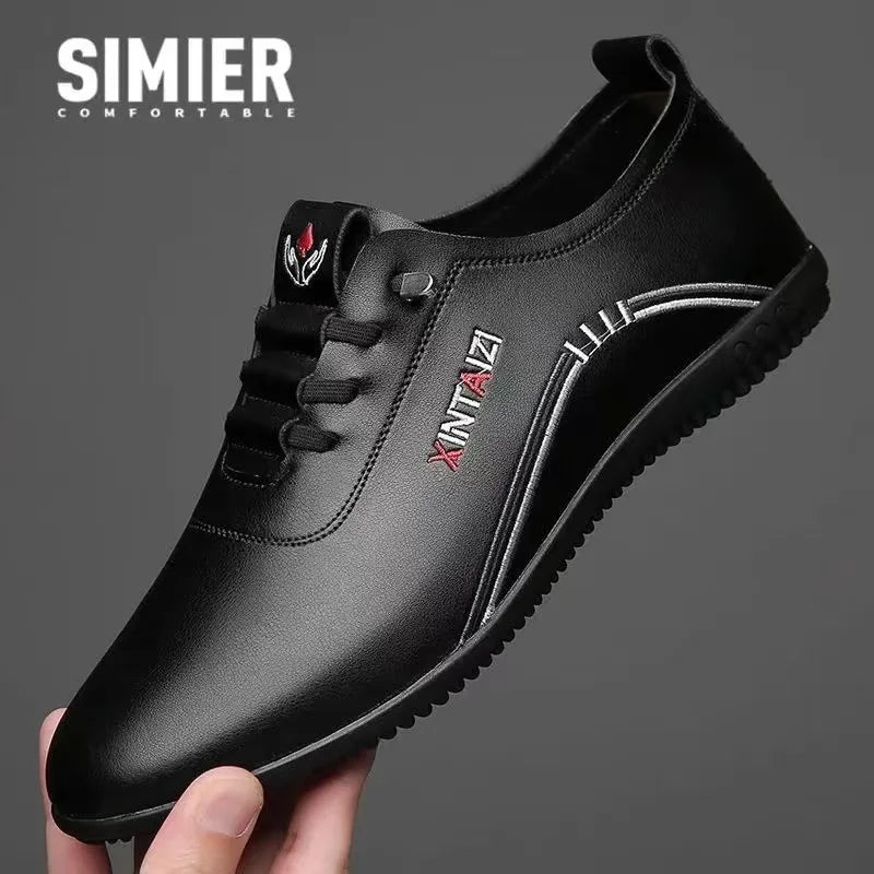 Men's soft sole leather loafers by TrendLux Wear, lightweight slip-on moccasin walking shoes, black with smooth finish.