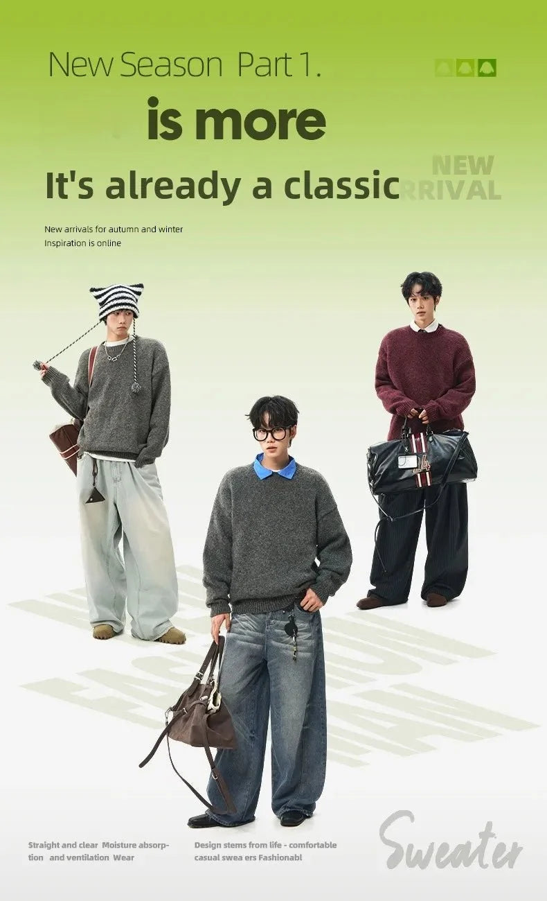 Men's oversized round neck pullover sweater by TrendLux Wear in warm polyester knit, shown in three color options.