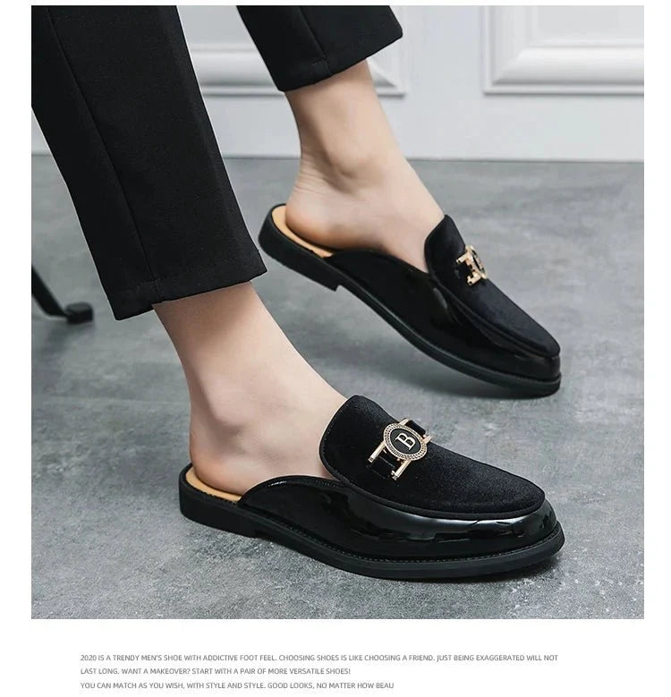 Men's black faux suede slip-on mules by TrendLux Wear, breathable summer loafers, casual flats in EU sizes 35-47.
