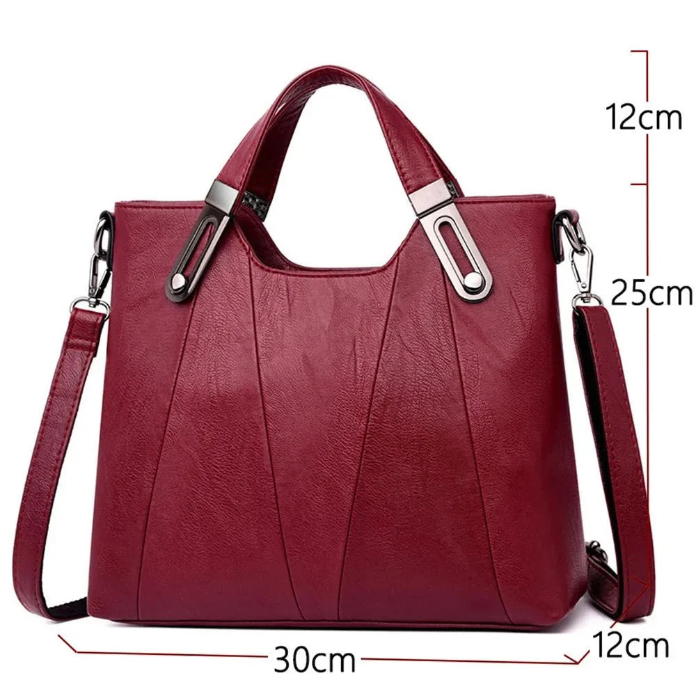 Women's luxury pure leather handbag with multiple pockets, stylish design, by TrendLux Wear.