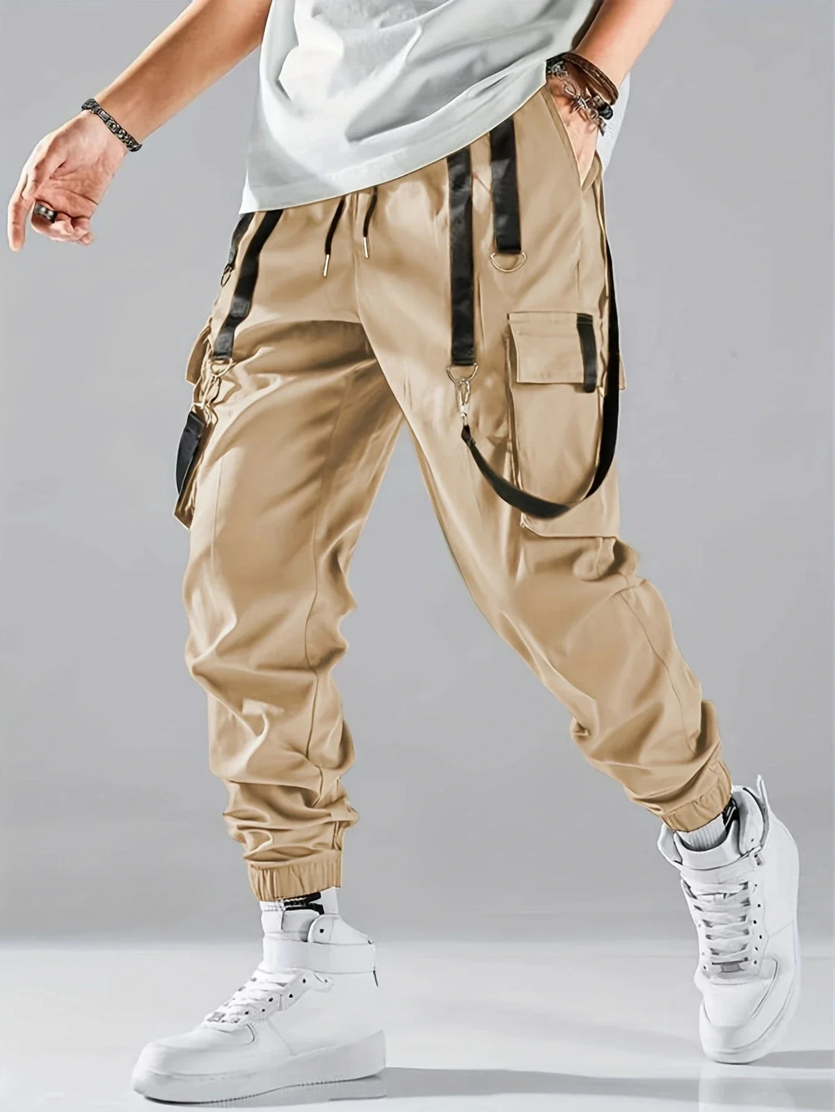 Men's Techwear Cargo Joggers by TrendLux Wear featuring drawstrings and multiple pockets in a sleek hip hop style, available in six colors.
